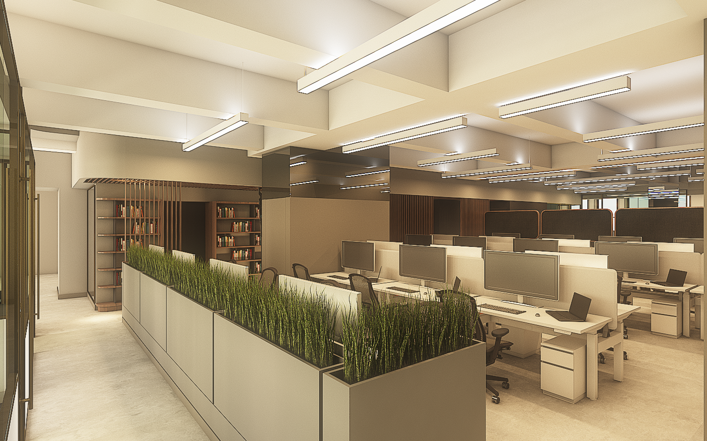 Modern Office Space with Plenty of Workstations and Soft Seating