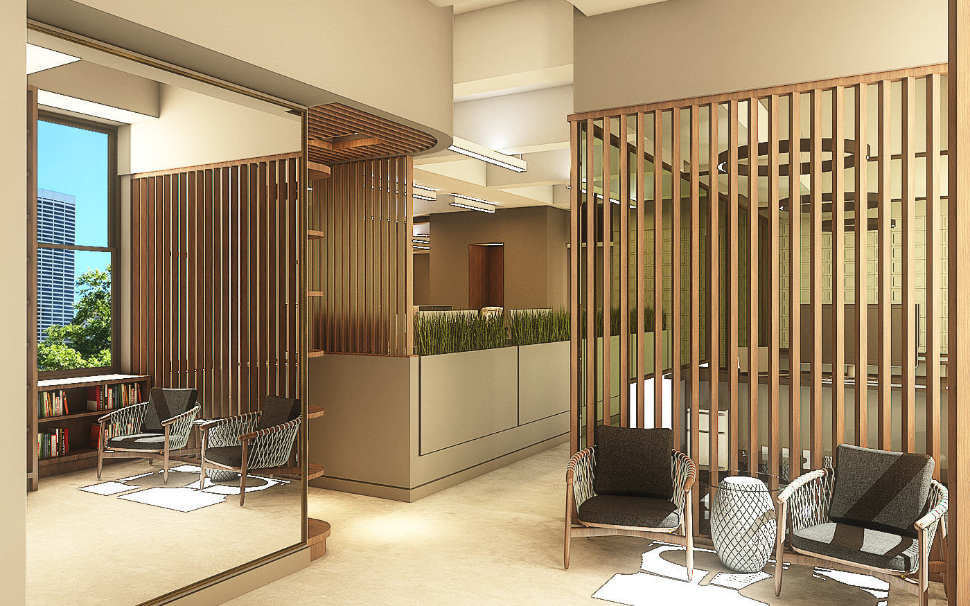 Modern Office Space with Plenty of Workstations and Soft Seating